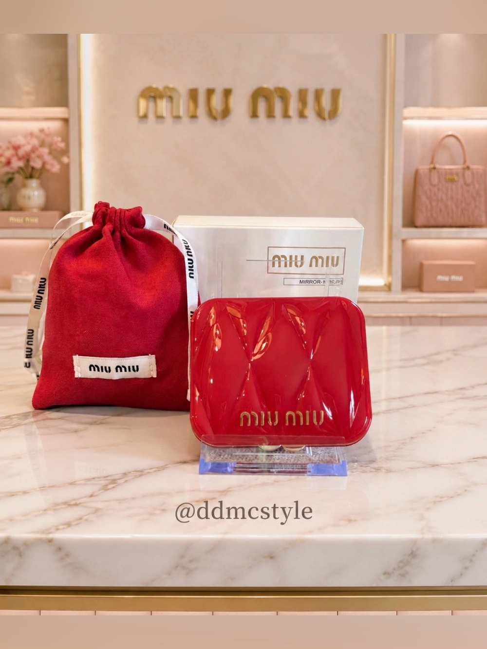 NIB GWP Glossy Red Quilted Compact Mirror Gold Logo for Miu Miu